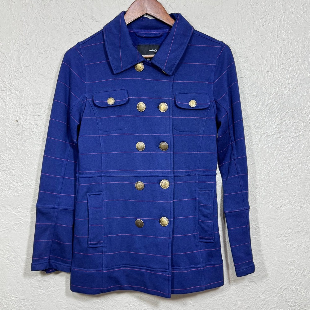 Hurley‎ Pea Coat Jacket Small Navy Removable Hood Fleece Lined Y2K Preppy Sailor